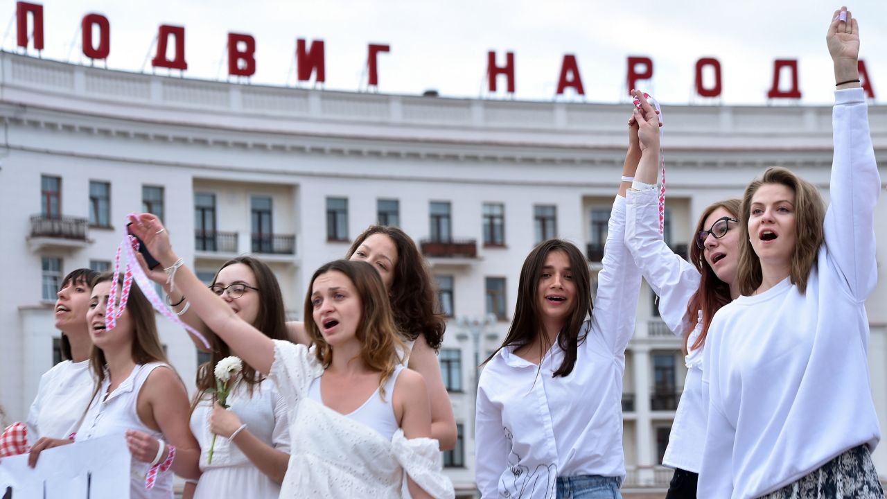 The women in white clothes and bare feet protested in solidarity with activists injured during recent rallies against President Lukashenko, who is accused of falsifying the polls in the election.