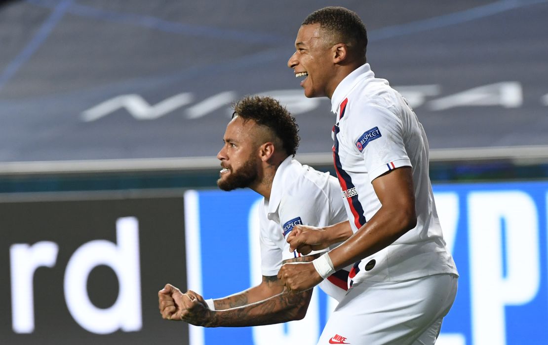 Neymar (left) and Mbappe celebrate after PSG take the lead against Atalanta. 