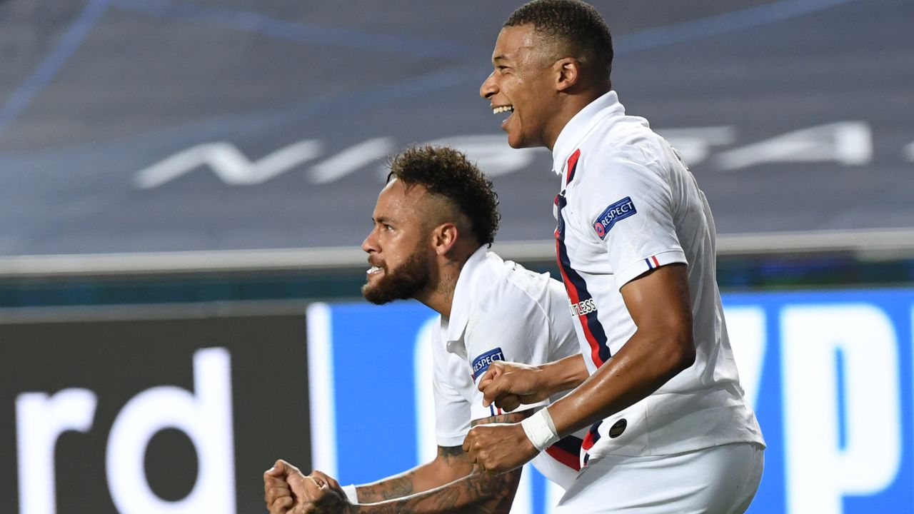 Neymar (left) and Mbappe celebrate after PSG take the lead against Atalanta.