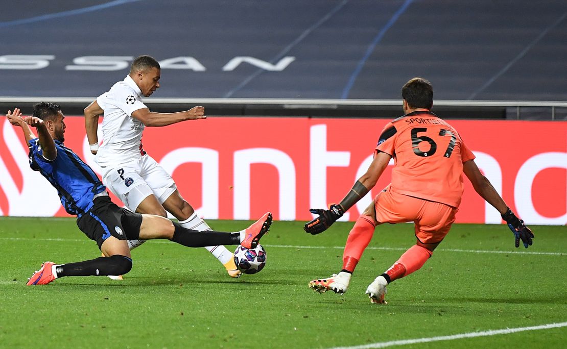Mbappe is denied in front of goal during PSG's Champions League quarterfinal against Atalanta. 