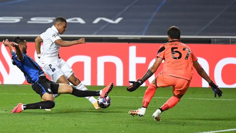 Mbappe is denied in front of goal during PSG's Champions League quarterfinal against Atalanta. 