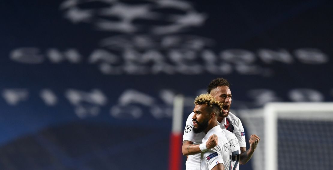 Eric Maxim Choupo-Moting (right) and Neymar react during PSG's Champions League quarterfinal victory.