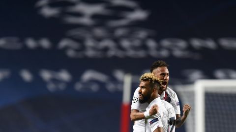 Eric Maxim Choupo-Moting (right) and Neymar react during PSG's Champions League quarterfinal victory.