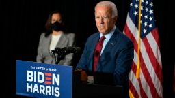 Democratic presidential candidate former Vice President Joe Biden joined by his running mate Sen. Kamala Harris, D-Calif., speaks at the Hotel DuPont in Wilmington, Del., Thursday, Aug. 13, 2020. (AP Photo/Carolyn Kaster)