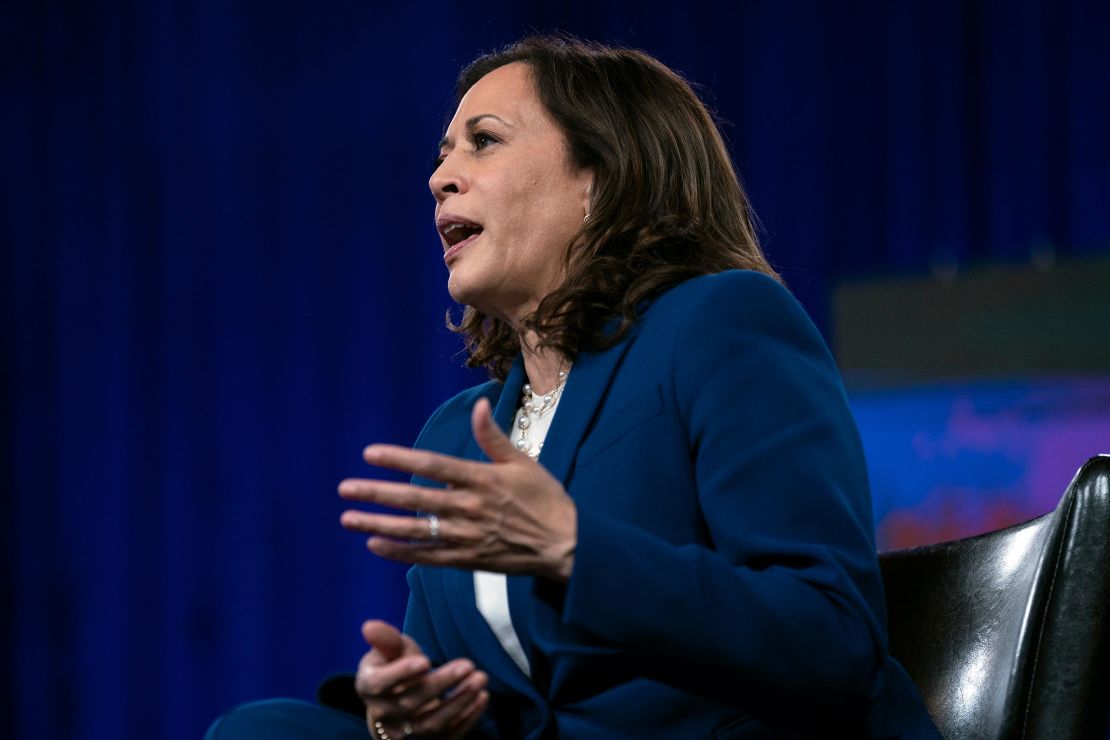 Sen. Kamala Harris, D-Calif., speaks during a virtual grassroots fundraiser at the Hotel DuPont in Wilmington, Del., Wednesday, Aug. 12, 2020.