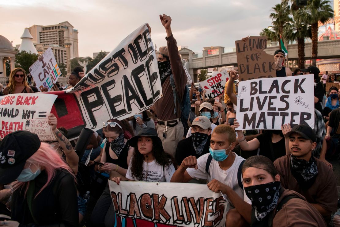 Demonstrators march along the Strip in Las Vegas on May 29.