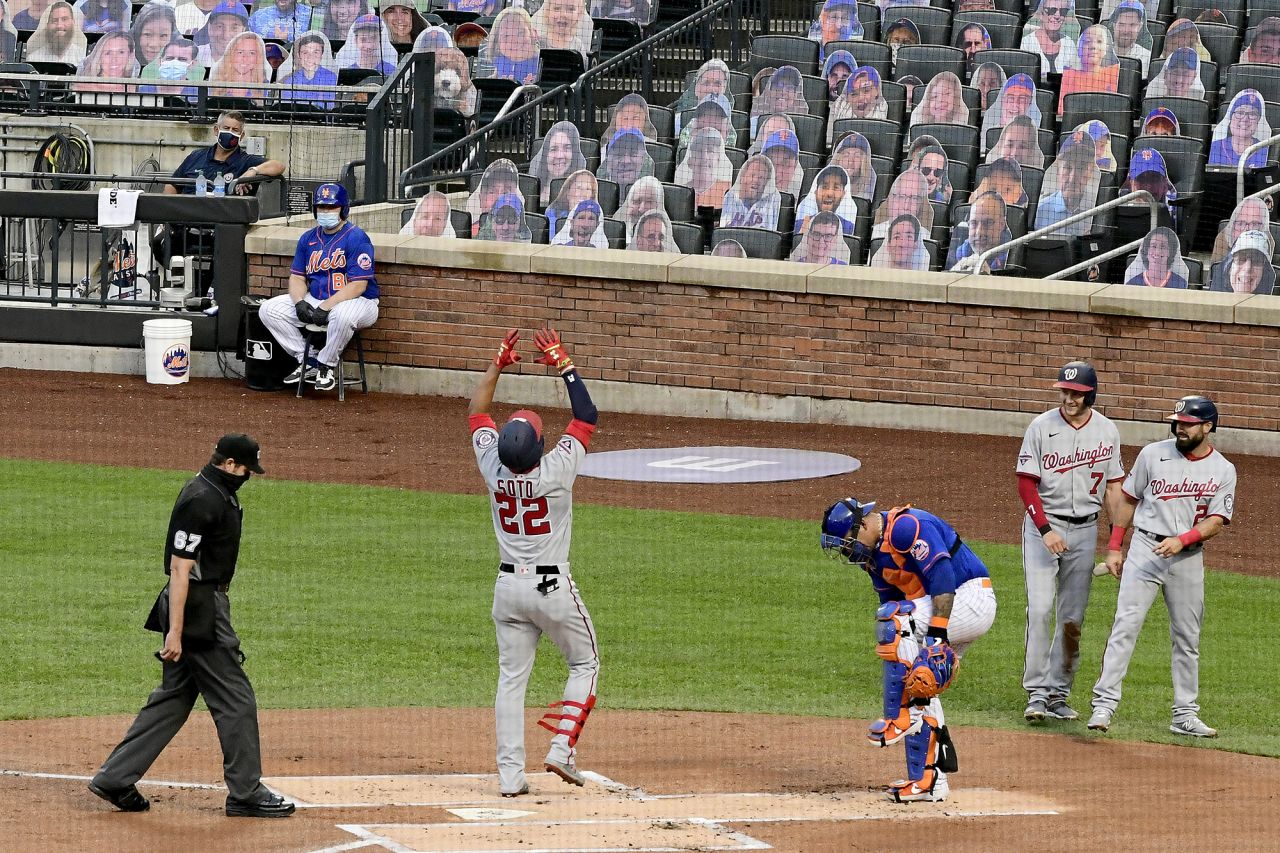 Washington's Juan Soto celebrates a three-run homer while playing at the New York Mets' Citi Field on Wednesday, August 12.