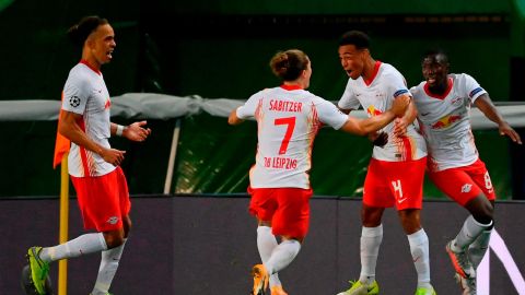 Tyler Adams celebrates after scoring the winner against Atletico Madrid. 