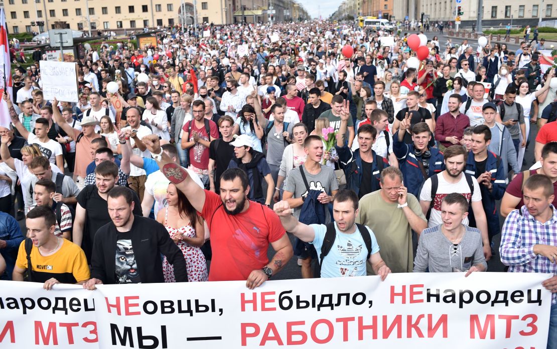 Tens of thousands of people protested in Minsk on Friday after a week of protests and allegations of violence from the country's security forces.