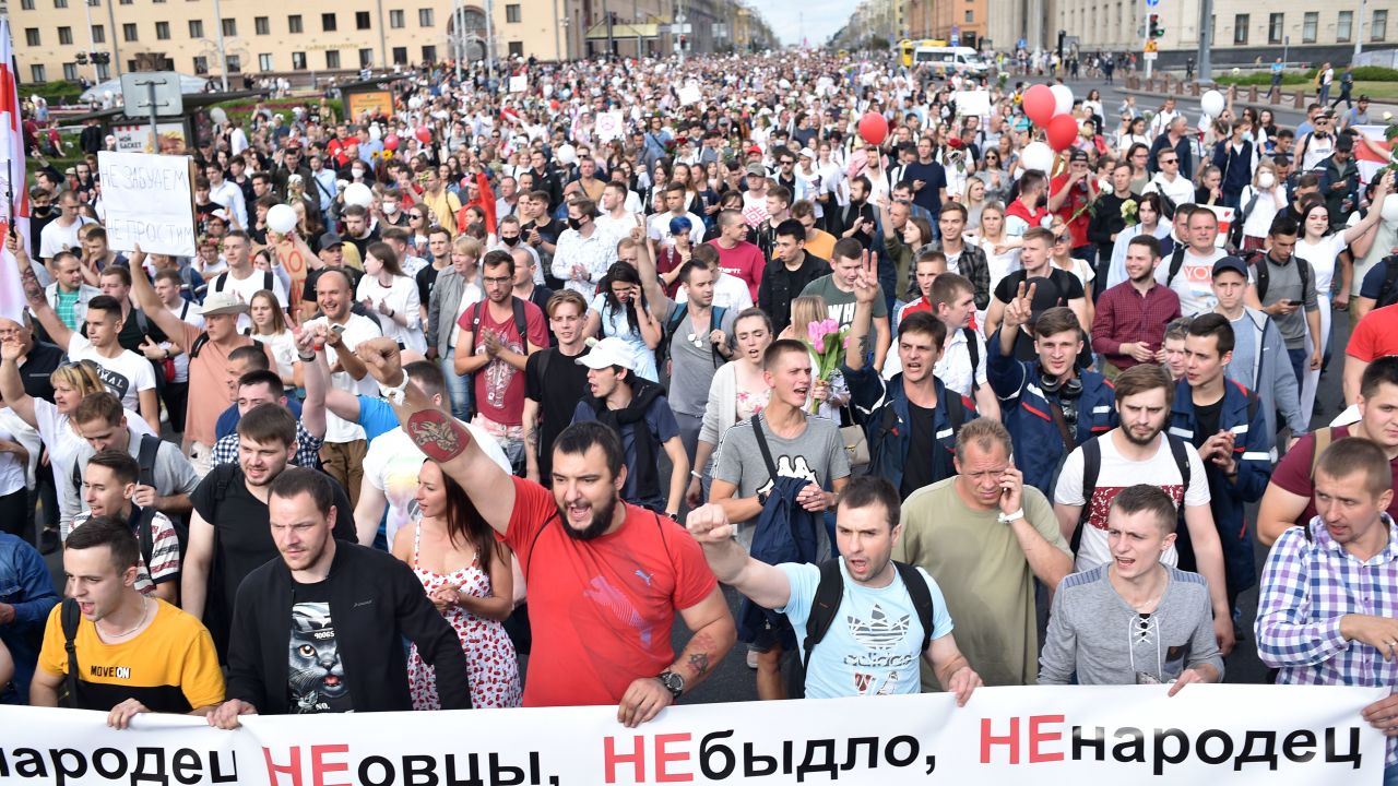 Tens of thousands of people protested in Minsk on Friday after a week of protests and allegations of violence from the country's security forces.