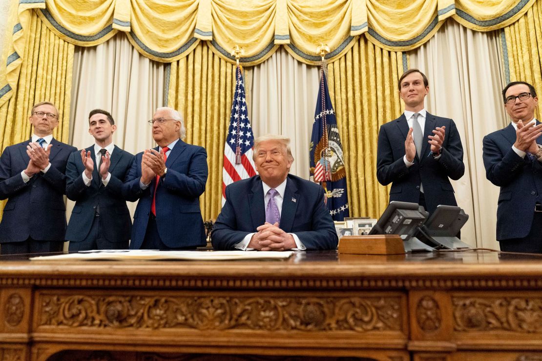 President Donald Trump, accompanied by from left, US special envoy for Iran Brian Hook, Assistant to the President Avraham Berkowitz, US Ambassador to Israel David Friedman, White House senior adviser Jared Kushner, and Treasury Secretary Steven Mnuchin, in the Oval Office on August 12.