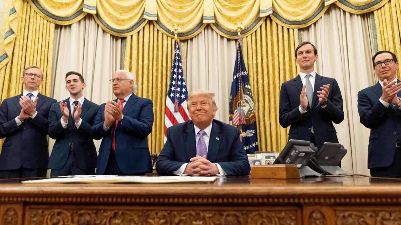 President Donald Trump, accompanied by from left, US special envoy for Iran Brian Hook, Assistant to the President Avraham Berkowitz, US Ambassador to Israel David Friedman, White House senior adviser Jared Kushner, and Treasury Secretary Steven Mnuchin, in the Oval Office on August 12.