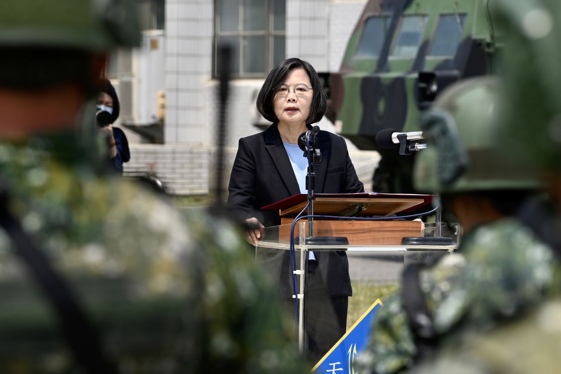 Taiwan President Tsai Ing-wen delivers her address to soldiers amid the COVID-19 coronavirus pandemic during her visit to a military base in Tainan, southern Taiwan, on April 9.