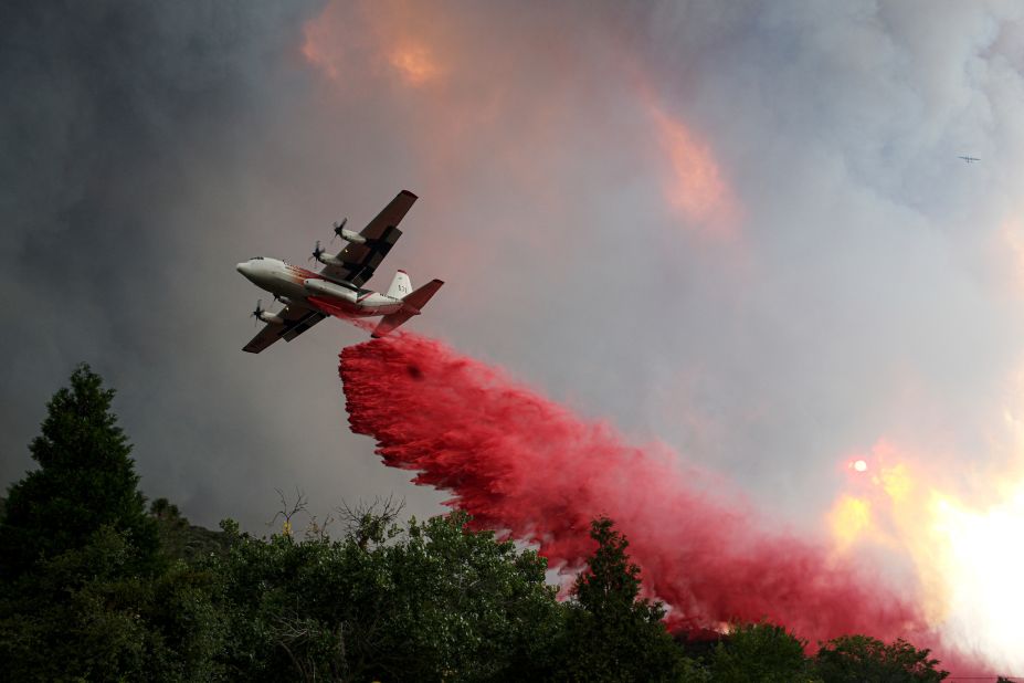 A tanker makes a drop on the Lake Fire on August 12, 2020.