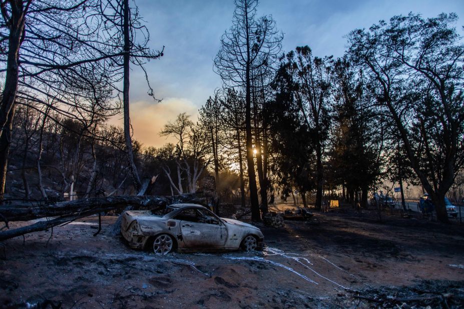 A car is charred by the Lake Fire near Lake Hughes, 60 miles north of Los Angeles, on August 13, 2020.