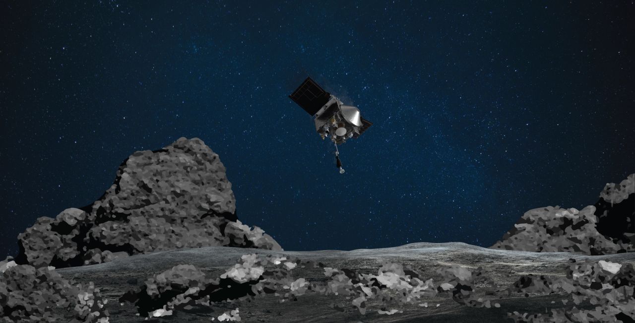 NASA's OSIRIS-REx touched down on asteroid Bennu on October 20. This illustration shows the spacecraft approaching the asteroid. 