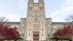 Blacksburg, USA - April 18, 2018: Historic Virginia Tech Polytechnic Institute and State University College campus with Burruss hall facade exterior in spring, nobody