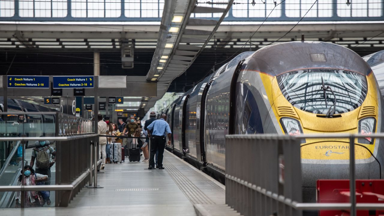 Passengers leave the first Eurostar train to arrive at St Pancras Station, London from France after new quarantine restrictions came into effect on the morning of August 15, 2020. 