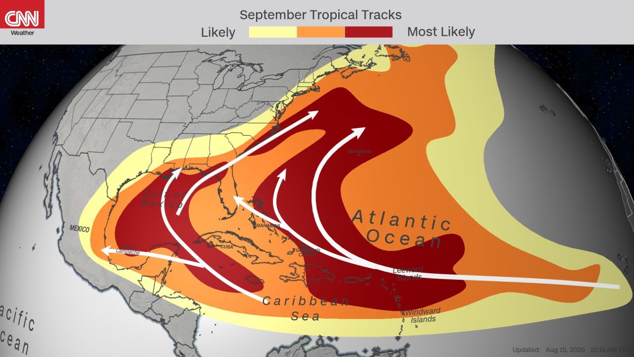 Typical track locations of tropical systems in September