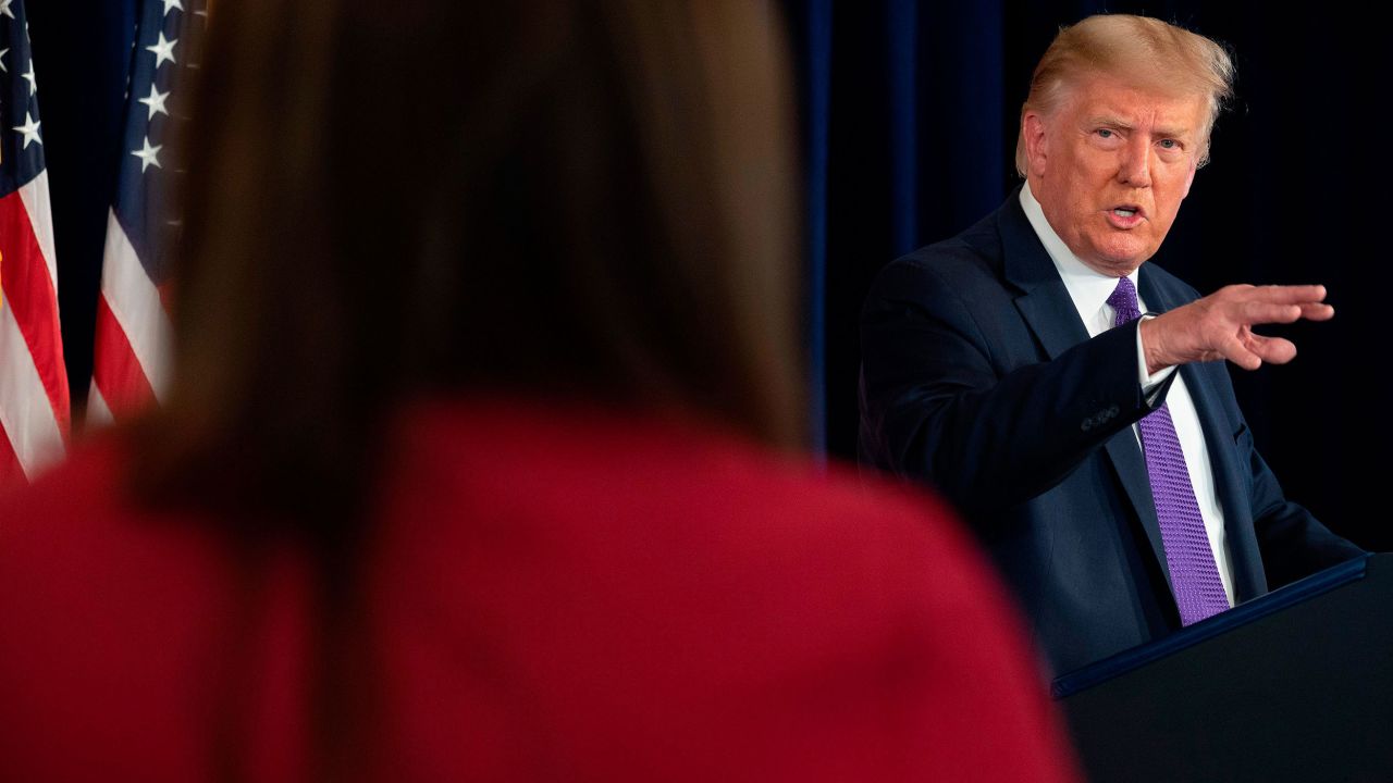 US President Donald Trump speaks during a press conference in Bedminster, New Jersey, on August 15, 2020. - Donald Trump said August 15, 2020 he will try a controversial "snapback" to force a return of UN sanctions against Iran, after the Security Council rejected Washington's bid to extend the arms embargo against the Islamic republic. (Photo by JIM WATSON / AFP) (Photo by JIM WATSON/AFP via Getty Images)