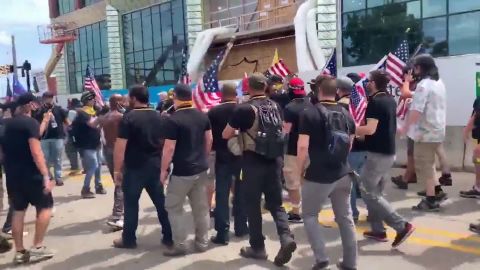 Members of far-right group Proud Boys marched in Kalamazoo, Michigan, on Saturday.