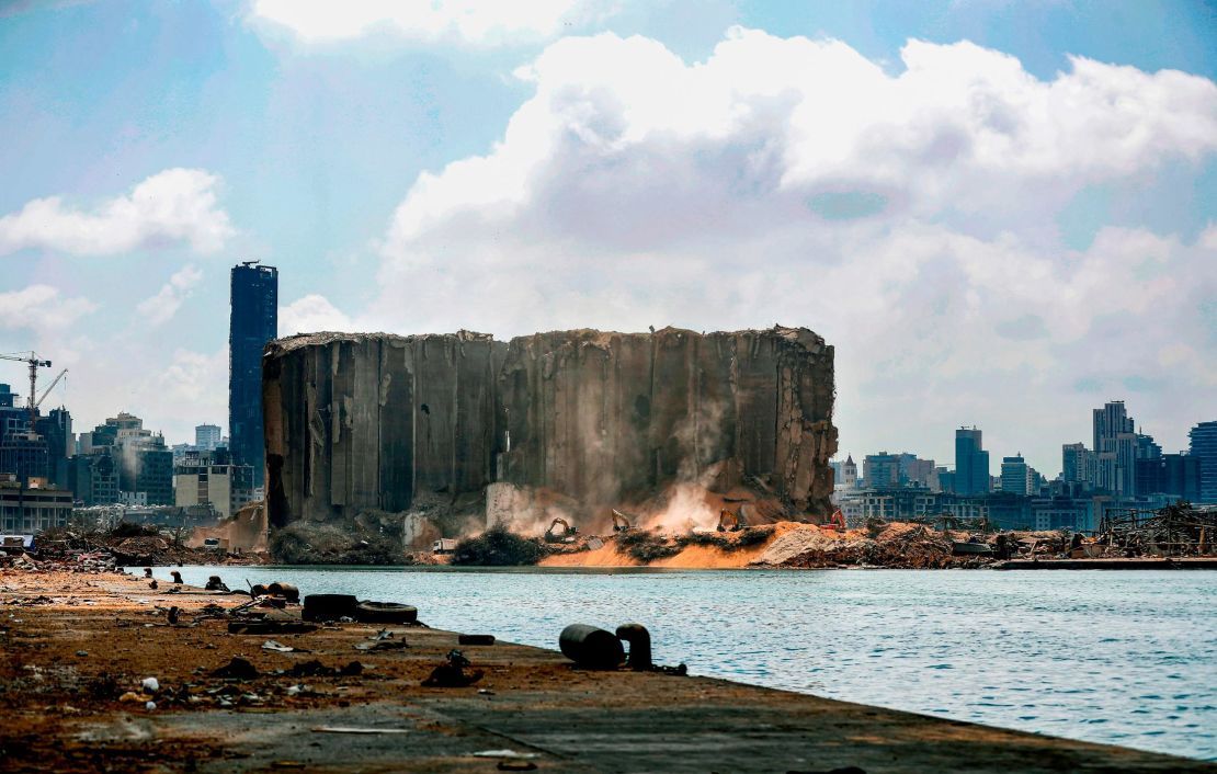 Diggers are shown moving earth at the port of Beirut on August 14, 2020, following the massive explosion there earlier in the month. 