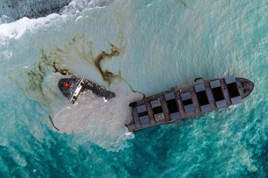 The MV Wakashio is split into two parts near Mauritius' Blue Bay Marine Park on Sunday, August 16.