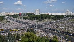 Protesters attend an opposition demonstration in central Minsk, Belarus on August 16, 2020.