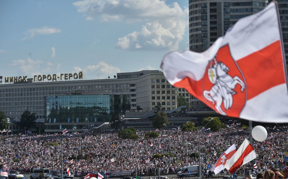 Opposition supporters at a larger demonstration in Minsk on Sunday.