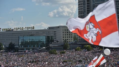 Opposition supporters at a larger demonstration in Minsk on Sunday.