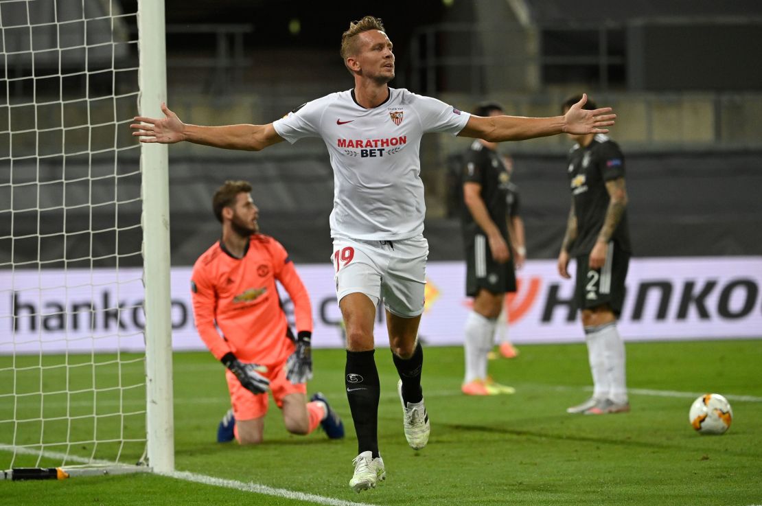 Luuk de Jong celebrates scoring against Manchester United.