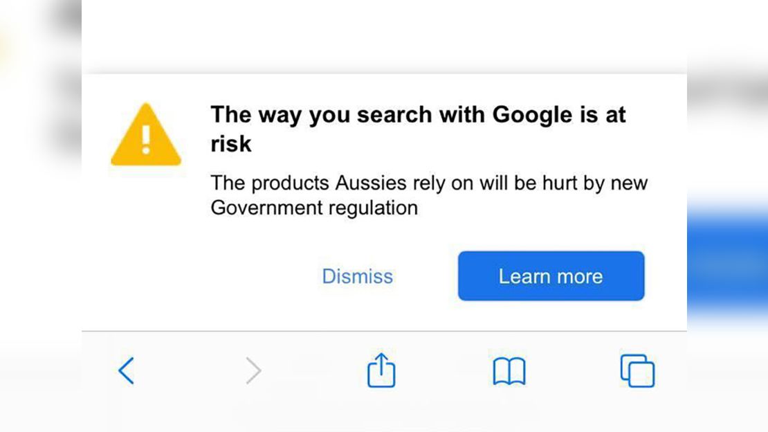 A screenshot of a warning message from Google, posted on the company's homepage in Australia on Monday.