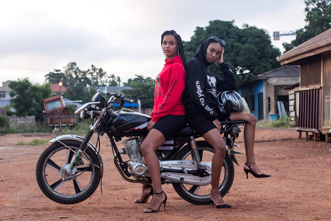 From Free The Youth's "Community 1 Collection," worn by models Naa Anowah (in red) and Mecha Clarke (in black)