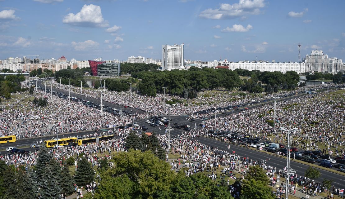 Belarus opposition supporters at a rally in central Minsk on Sunday.