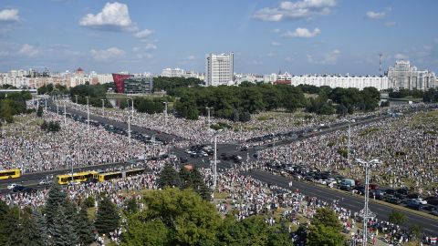 Thousands of Belarusian opposition supporters attend a rally in central Minsk on Sunday. 