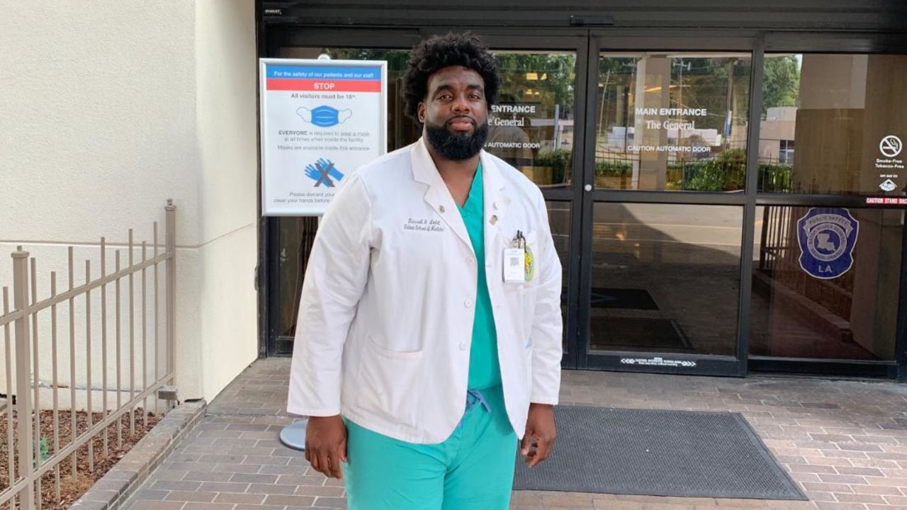 Russell Ledet, a medical student at Tulane University, stands outside Baton Rouge General Medical Center. Ledet formerly worked as a security guard at the hospital.