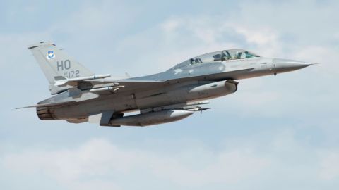 A US Air Force F-16 Viper  takes off from Holloman Air Force Base, New Mexico, on July 27, 2020. 