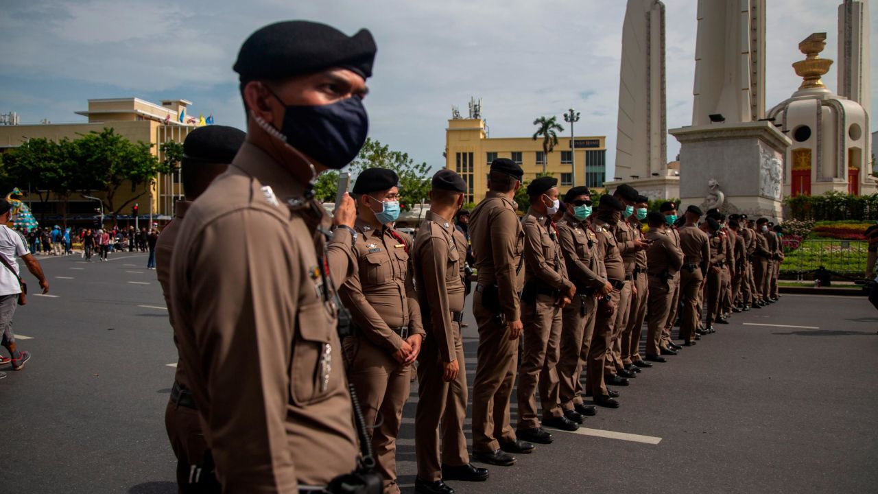 Thai police patrol an anti-government rally at Democracy Monument on August 16, 2020 in Bangkok.