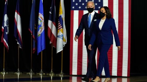 Democratic presidential candidate former Vice President Joe Biden and his running mate Sen. Kamala Harris, D-Calif., arrive to speak at a news conference at Alexis Dupont High School in Wilmington, Del., Wednesday, Aug., 12, 2020.
