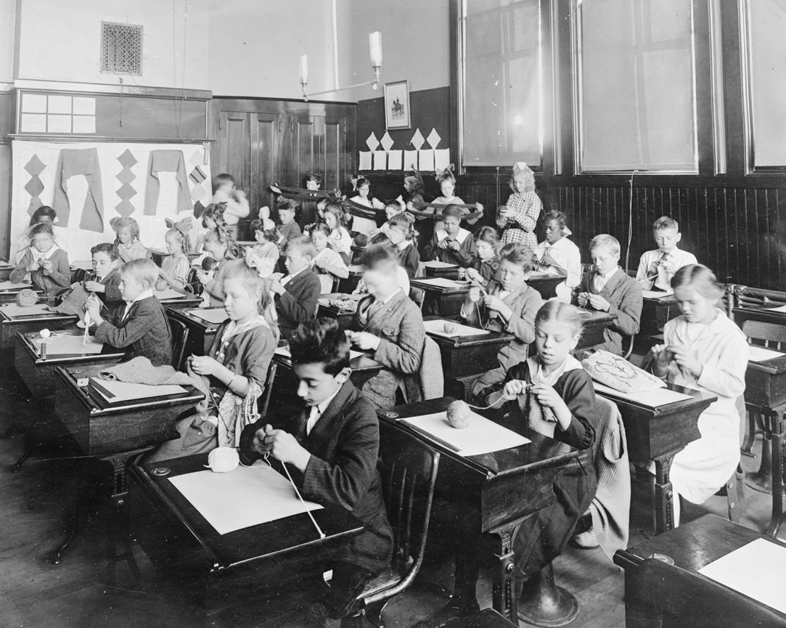 A fifth-grade class knitting for a Junior Red Cross project in Plainfield, New Jersey, in 1917 or 1918. 
