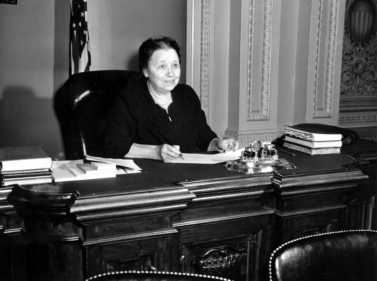 US Sen. Hattie Caraway signs legislation on October 19, 1943, making history as the first woman to take up the gavel as the Senate's presiding officer. Caraway, who represented Arkansas, first entered the Senate by appointment after her husband, US Sen. Thad Caraway, died. After serving in her husband's place, Caraway surprised party leaders by declaring her own candidacy for a full term. She won the election in a landslide, becoming the first woman elected to the Senate.