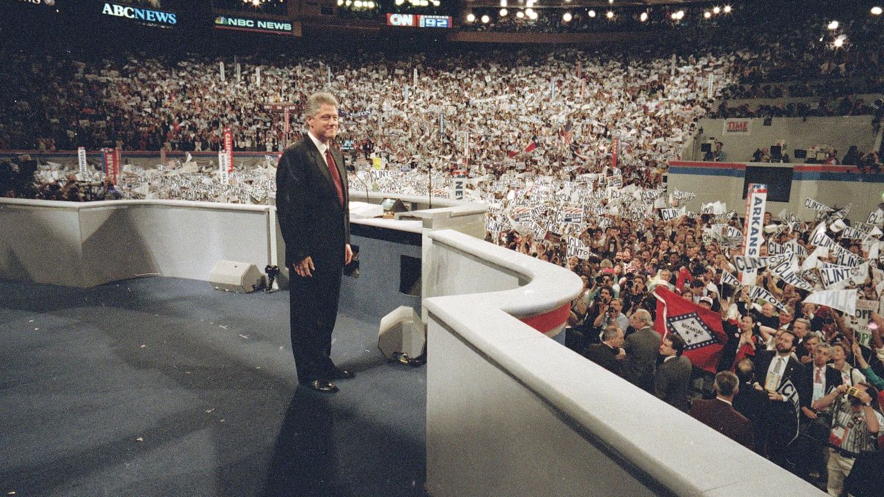 Clinton takes the podium to deliver his acceptance speech at the Democratic National Convention in New York, July 1992.  