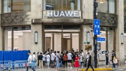 A large number of customers gathered at the gate of Huawei's largest flagship store in the world in Shanghai, China, June 29, 2020.  (Photo credit should read Costfoto/Barcroft Media via Getty Images)