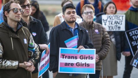 More than 100 people rallied at the Capitol in Boise, Idaho, in support of transgender students and athletes in March.