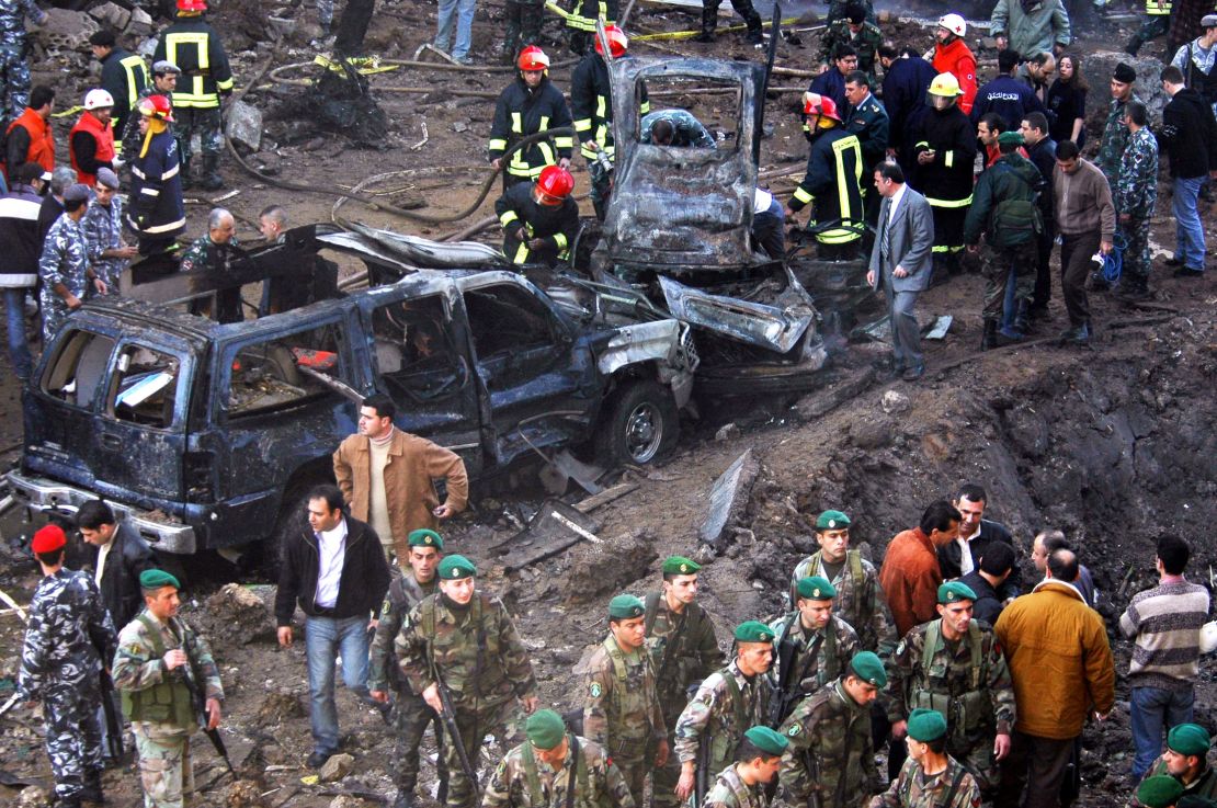 Vehicles destroyed in the bombing of Hariri's armed motorcade on February 14, 2005, in Beirut, Lebanon.