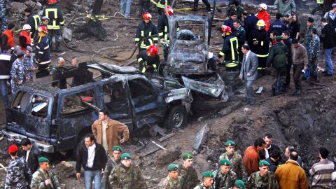 Vehicles destroyed in the bombing of Hariri's armed motorcade on February 14, 2005, in Beirut, Lebanon.