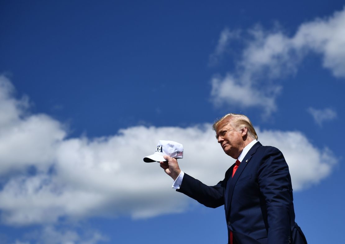 US President Donald Trump arrives to deliver remarks on the economy at Mankato Regional Airport on August 17, 2020 in Mankato, Minnesota.