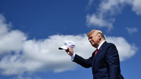 US President Donald Trump arrives to deliver remarks on the economy at Mankato Regional Airport on August 17, 2020 in Mankato, Minnesota.