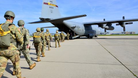 Paratroopers from US Special Operations Commands Africa and Europe board a US Air Force C-130, at Malmsheim Airfield, Germany, May 23, 2019.
