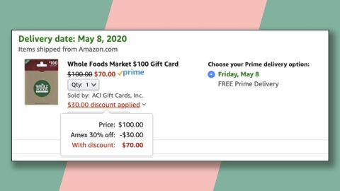 Get 30% off your grocery bill by buying a Whole Foods gift card at Amazon with this promotion.